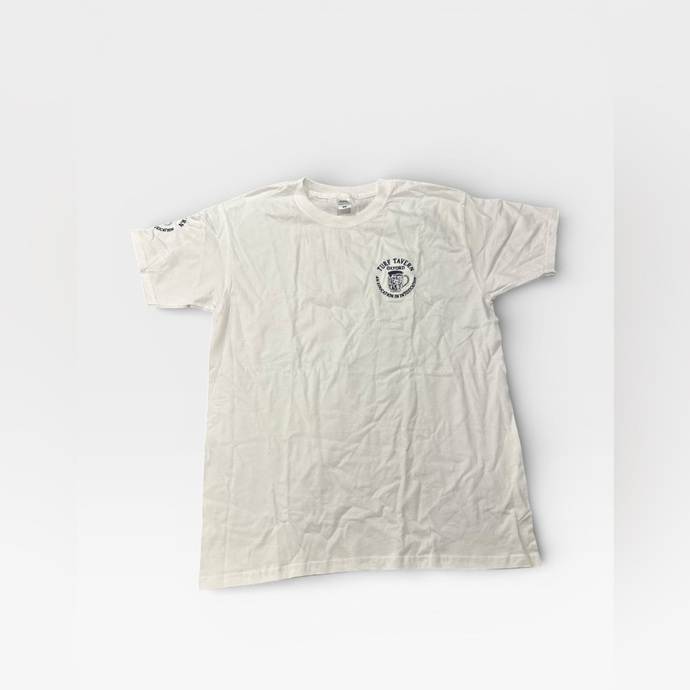 NWOT Turf Tavern Oxford “Education In Intoxication” White T-shirt with Navy Blue